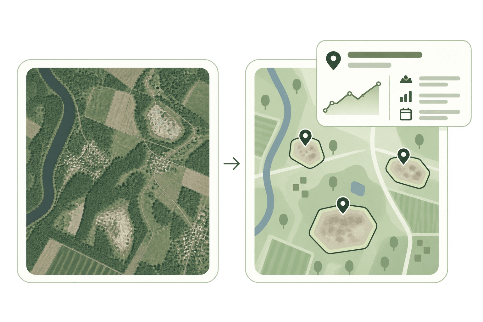 Illustration of imagery translated into potential waste sites and change monitoring.